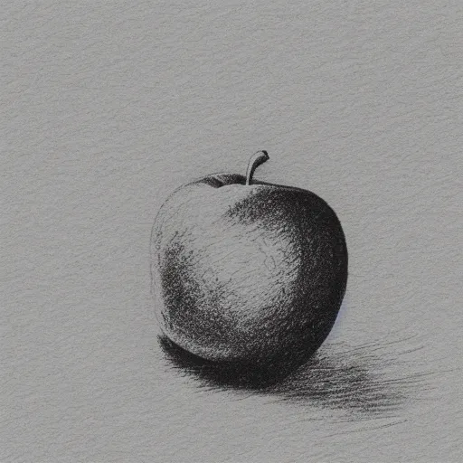 Prompt: a pen and ink drawing of an apple brightly lit from one side, silhouette, on a table, white background, crosshatching