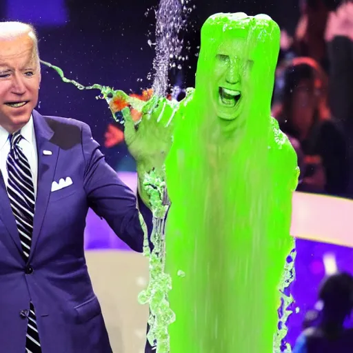 Image similar to joe biden getting slimed at the kids choice awards, dynamic, cinematic photo