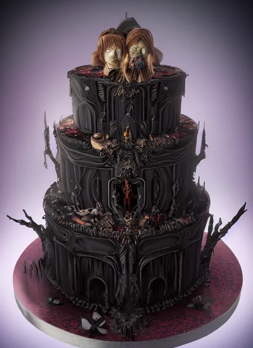 Image similar to a portrait of a gothic dark fantasy cake with wizards and valkyries on it, au naturel, hyper detailed, digital art, trending in artstation, cinematic lighting, studio quality, smooth render, unreal engine 5 rendered, octane rendered, art style by pixar dreamworks warner bros disney riot games.