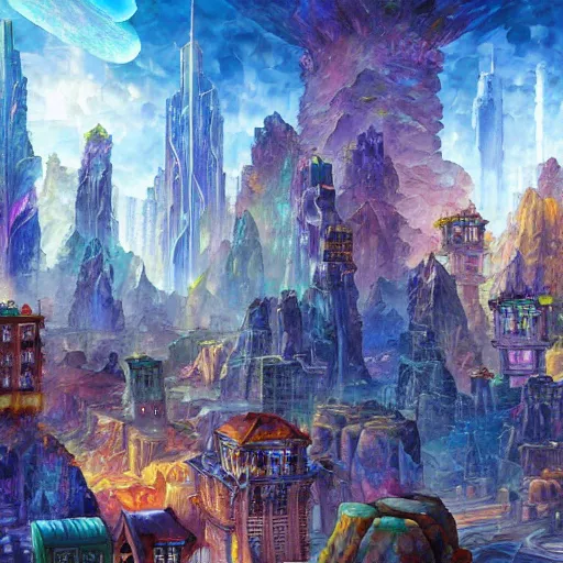 Prompt: gemstone crystal city, city made of bismuth cryengine render by android jones, james christensen, rob gonsalves, leonid afremov and tim white