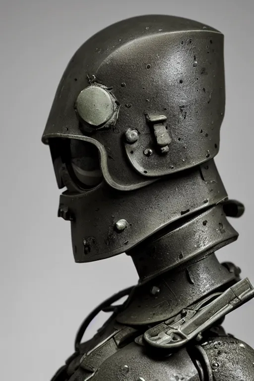 Image similar to a cinematic bust photo shot of a beautiful 1 : 6 scale threea toys action figurine by ashley wood, world war one robot, black background, museum light, dark mood