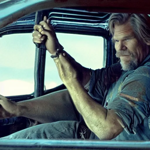 Image similar to Jeff Bridges sitting in the driver's seat in Mad Max Road Warrior, rusted, cobbled together Nissan R34 GTR, interior, screenshot, cinematic Eastman 5384 film