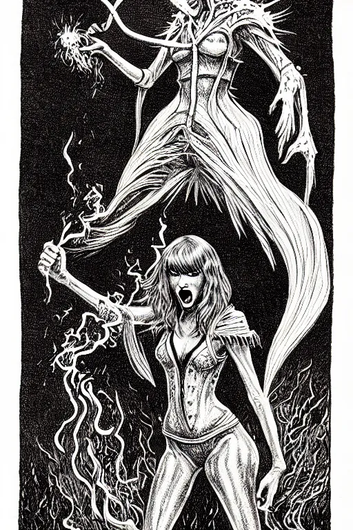 Image similar to taylor swift smoke elemental as a d & d monster, full body, pen - and - ink illustration, etching, by russ nicholson, david a trampier, larry elmore, 1 9 8 1, hq scan, intricate details, inside stylized border