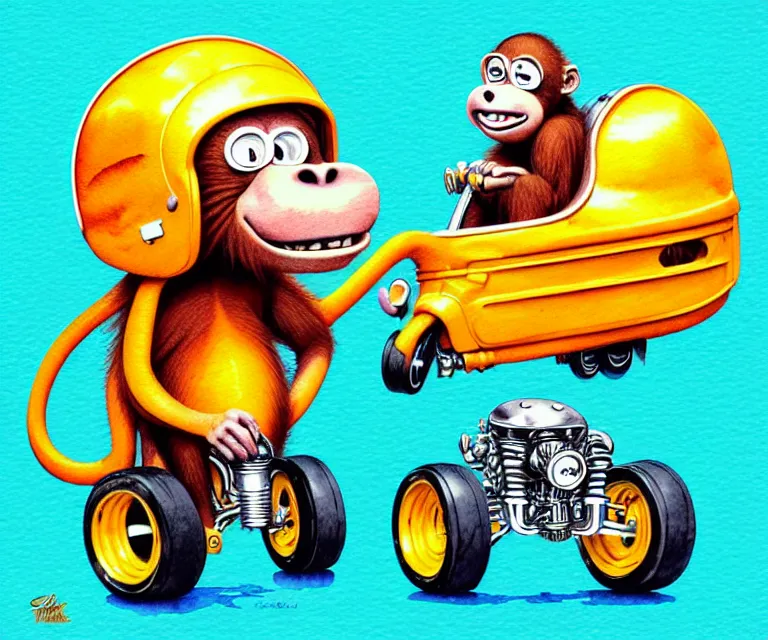 Image similar to cute and funny, orangutan wearing a helmet riding in a tiny hot rod with oversized engine | ratfink style by ed roth, centered award winning watercolor pen illustration, isometric illustration by chihiro iwasaki, edited by range murata, tiny details by artgerm, symmetrically isometrically centered