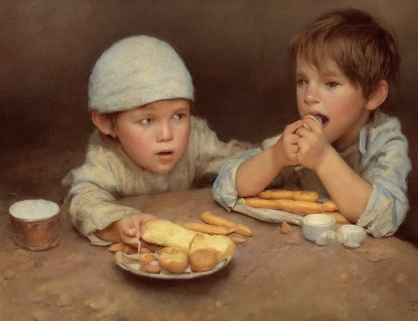 Image similar to portrait of little peasant boy eating a bread, cottage core, cinematic focus, polaroid photo bleached vintage pastel colors high - key lighting, soft lights, foggy, by steve hanks, by lisa yuskavage, by serov valentin, by tarkovsky, 8 k render, detailed, oil on canvas