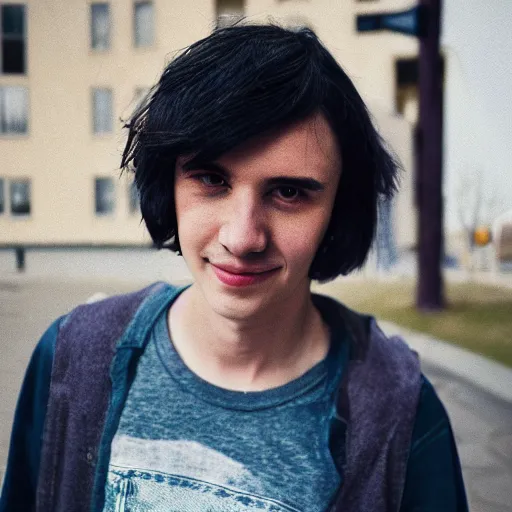 Prompt: softblur portrait of a highschool senior with middle long black hair, shaven face, silver earring, violet tight tanktop, he is smirking into the camera for a cover of a gay print magazine, agfa akurit, street photography, lomography, kreuzberg, blurred, skateboard