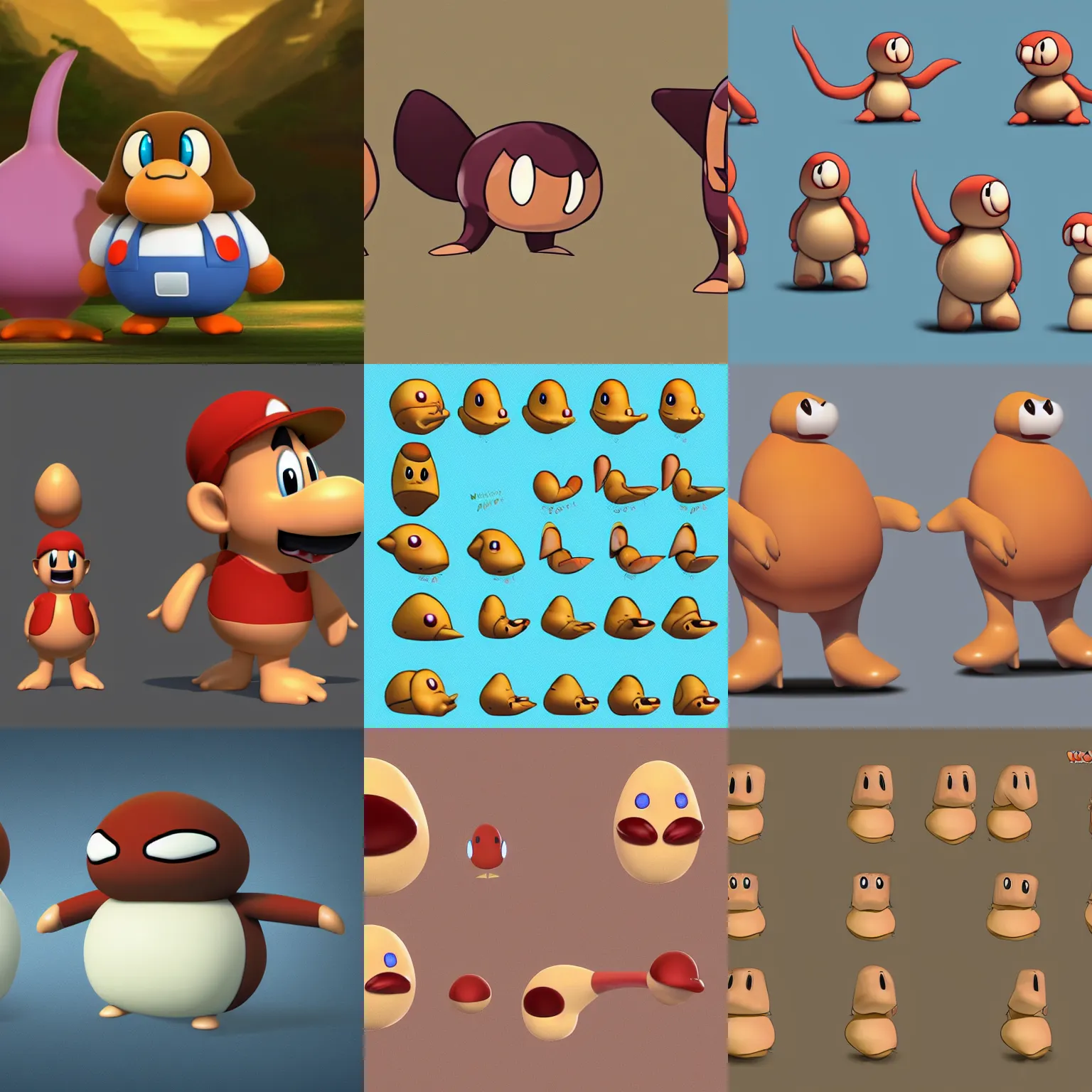 Prompt: Waddle doo Goomba shaped long creature concept art by Nintendo, long shaped body with round face