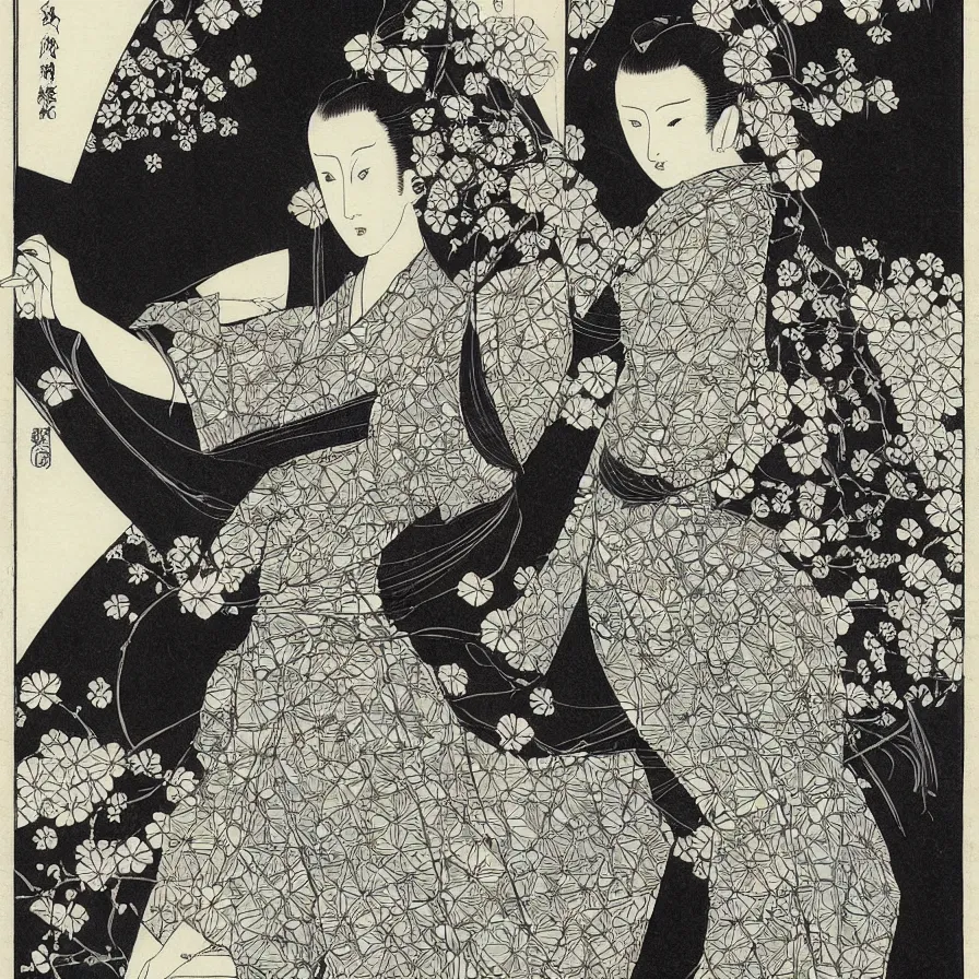 Prompt: Beautiful isometric print of a Beautiful Elegant Woman made of geometric glass, in the metallic Garden, in the blackness of outer space in the style of Hiroshige and Kuniyoshi and Hokusai, high contrast!! finely carved woodcut engraving black and white crisp edges