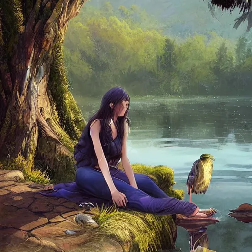 Image similar to Harpy, wearing Inka clothes, sitting at a pond, mountainous area, trees in the background, oil painting, by Fernanda Suarez and Greg Rutkowski