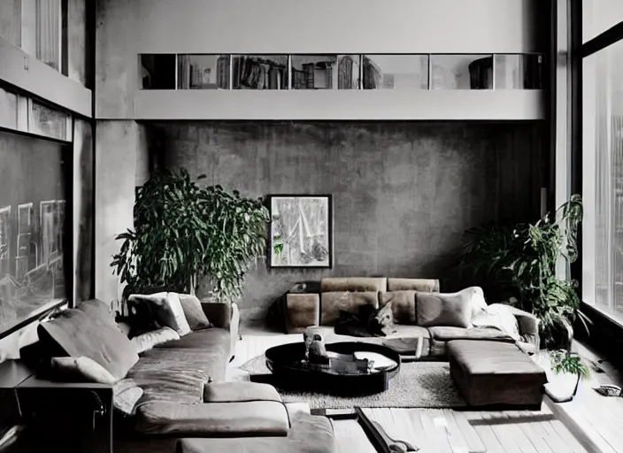 Image similar to “a modern brutalist apartment with minimalist furnishings and art, high ceilings and skylights, houseplants, photographed by Annie Liebovitz”