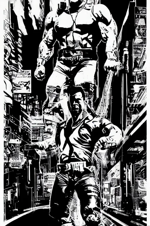 Image similar to arnold schwarzenegger, a page from cyberpunk 2 0 2 0, style of paolo parente, style of mike jackson, adam smasher, johnny silverhand, 1 9 9 0 s comic book style, white background, ink drawing, black and white, colouring pages