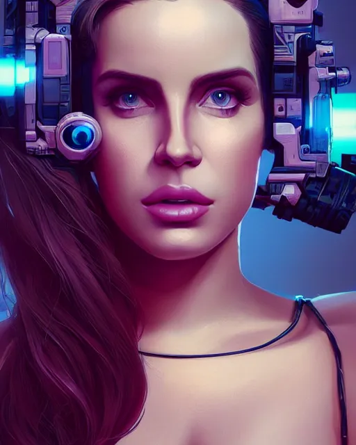 Image similar to portrait of lana del rey as a cyborg. intricate abstract. intricate artwork. by tooth wu, wlop, beeple, dan mumford. concept art, octane render, trending on artstation, greg rutkowski very coherent symmetrical artwork. cinematic, key art, hyper realism, high detail, octane render, 8 k, iridescent accents