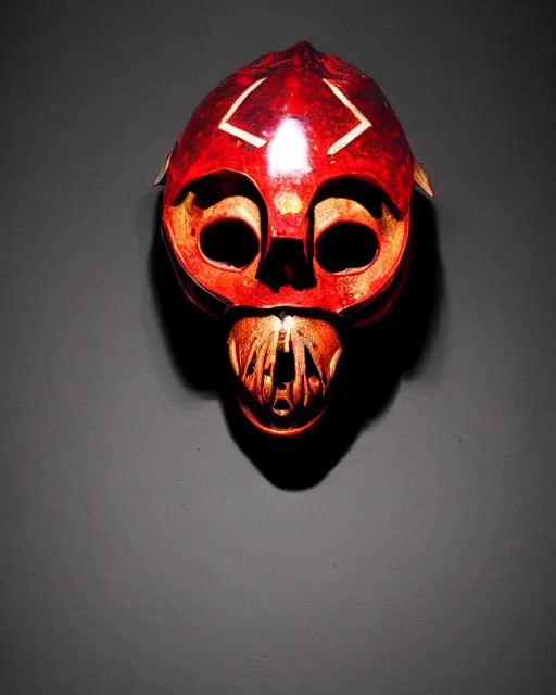 Image similar to medieval helmet in the shape of a demon skull with glowing red eyes,