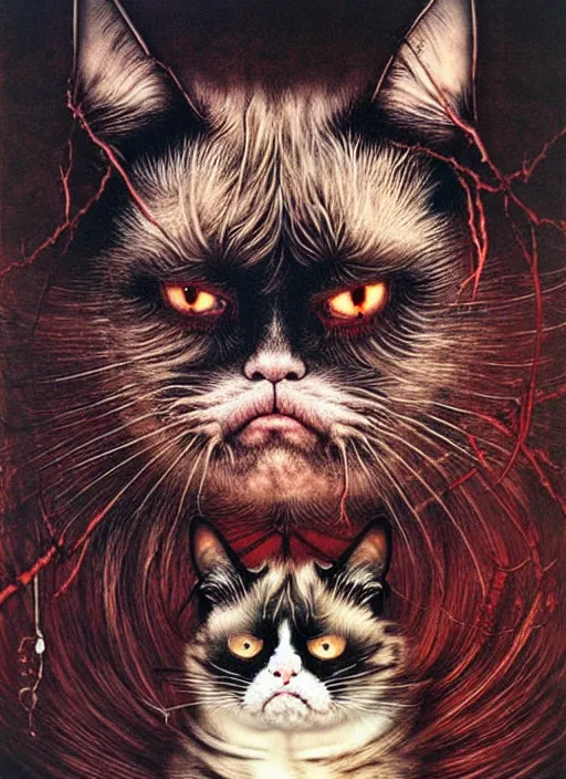 Image similar to a spirit of grumpy cat, red lake, highly detailed, art by Ayami Kojima, Beksinski, Giger