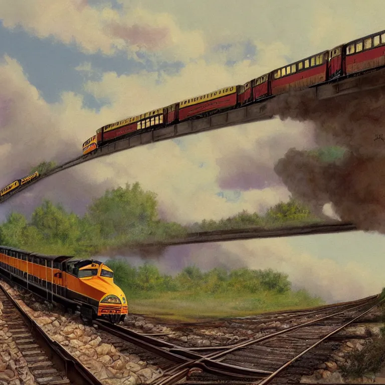 Prompt: a painting of a train going down the tracks, a matte painting by John Matson, deviantart, american scene painting, matte drawing, matte painting, storybook illustration