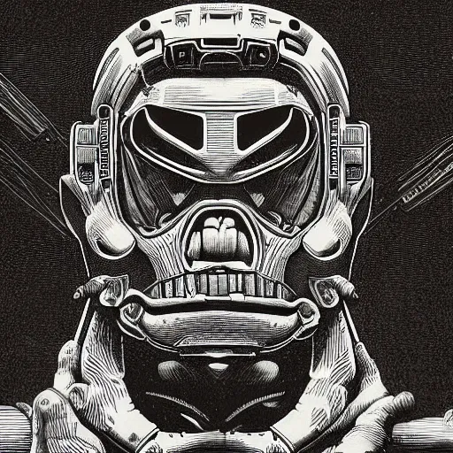 Image similar to doomguy portrait by goya and escher and hogarth, illusion surreal art, highly conceptual figurative art, intricate detailed illustration, controversial poster art, polish poster art, geometrical drawings, no blur