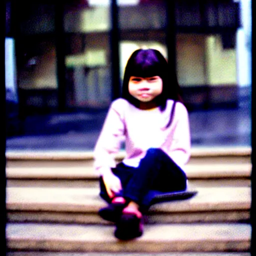 Image similar to a potrait of young girl sitting down infront of her big school, photorealistic, kodak 4 0 0, award winning photography