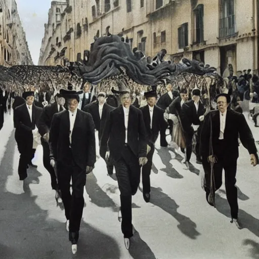 Image similar to a crowd of men in suits marching in a surrealistic city, cinematic dramatic lighting, matte painting, Salvador Dali, René Magritte, Frida Kahlo