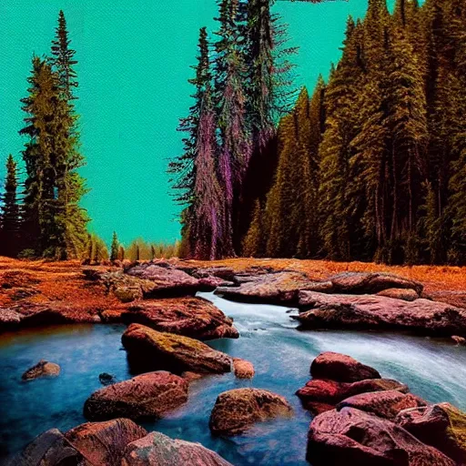 Prompt: a beautiful landscape, river, rocks, trees, by greg rutkowsi, glitch, glitchy, vhs