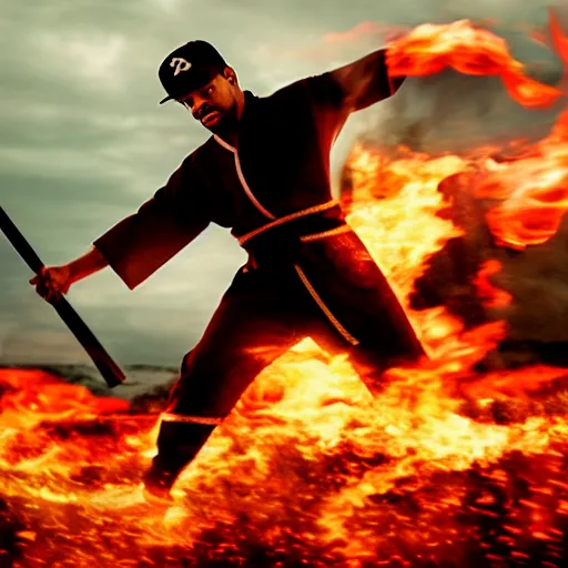 Image similar to cinematic film still of Chance The Rapper starring as a Samurai holding fire, Japanese CGI, VFX, 2022, 40mm lens, shallow depth of field, film photography