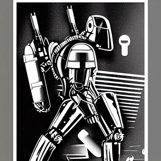 Image similar to RoboCop silkscreen poster by Andy Warho. Duotone silver and black on white paper. Paper texture