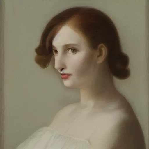 Image similar to close photo portrait of a pale skin woman wearing a white dress and long hook nose