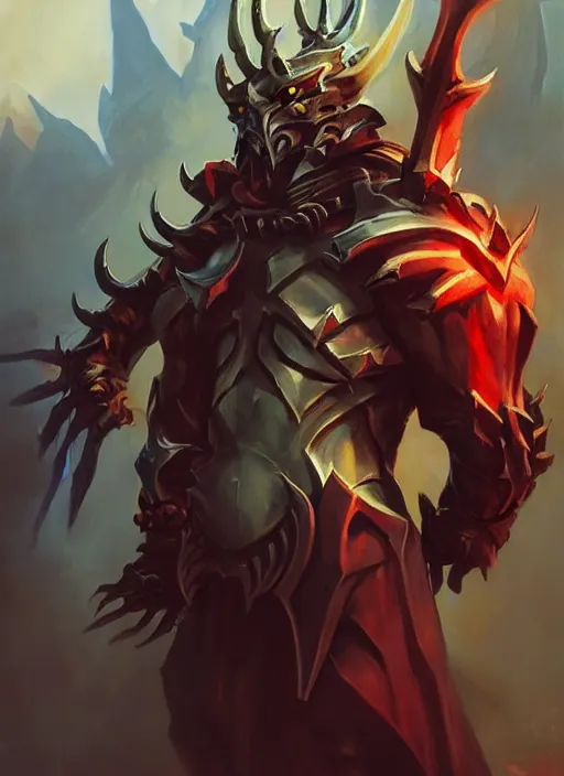 Image similar to Greg Manchess portrait painting of a demonic, devil armored character from league of legends, full shot, asymmetrical, splashscreen, Organic Painting, sunny day, Matte Painting, bold shapes, hard edges, cybernetic, street art, trending on artstation, by Huang Guangjian and Gil Elvgren and Sachin Teng