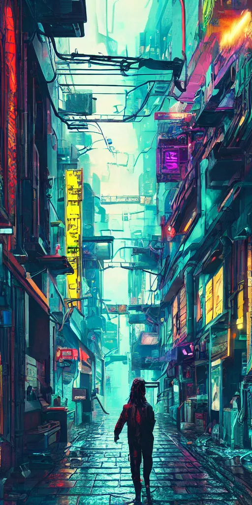 Image similar to cyberpunk alley with a person in the background, pop art, rtx, 8 k, ray tracing, highly detailed, cold colors, rain,