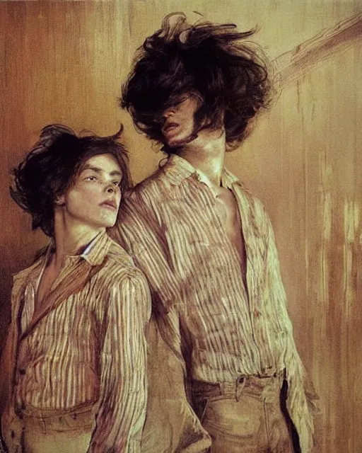 Prompt: two handsome but creepy siblings in layers of fear, with haunted eyes and wild hair, 1 9 7 0 s, seventies, wallpaper, a little blood, moonlight showing injuries, delicate embellishments, painterly, offset printing technique, by coby whitmore, jules bastien - lepage