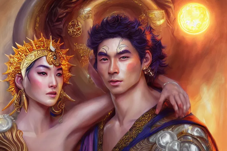 Image similar to close up moment of a divine a sun god and a moon goddess lovers magician at a wedding banquet, highly detailed, d & d, fantasy, highly detailed, digital painting, trending on artstation, concept art, sharp focus, asian feature, illustration, art by artgerm and daniel gerhartz and magali villeneuve