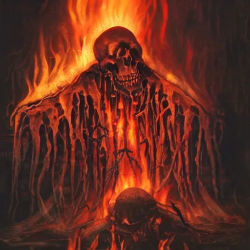 Image similar to the grim ripper contemplating his work after harvesting the soul of the living. fire all around. realistic, high detail