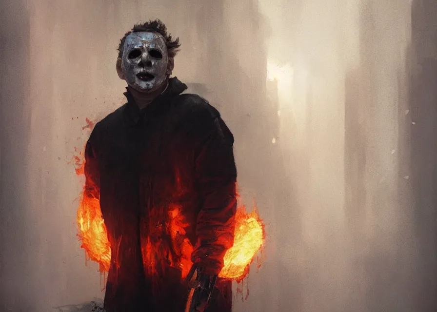 Image similar to dynamic painting portrait of Michael Myers in a burning building, sharp focus, trending on ArtStation, masterpiece, by Greg Rutkowski, by Ross Tran, by Fenghua Zhong, octane, soft render, oil on canvas, moody lighting, high contrast, cinematic, professional environment concept art