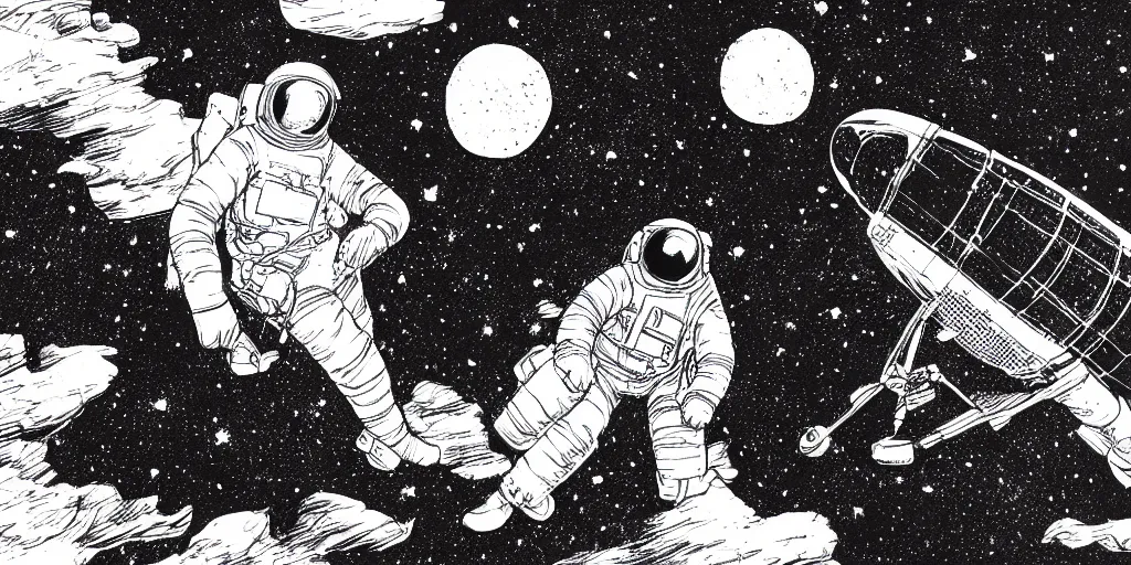 Prompt: ink lineart drawing of a lone female astronaut floating in the distance, small, space, wide angle, space background, artstation, etchings by goya, chinese brush pen, illustration, high contrast, deep black tones contour