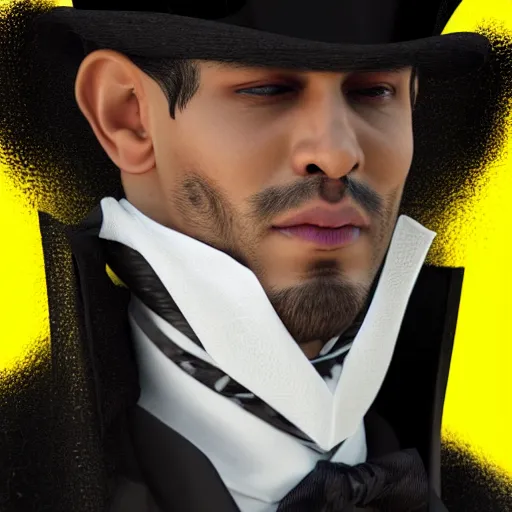 Image similar to a highly detailed portrait of a man in a high top hat covering his face, in a black tailcoat with a yellow waistcoat under the tailcoat, artstation, deviantart, professional, unreal engine 5, photorealistic