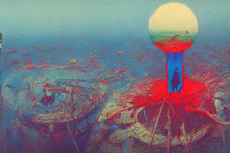 Prompt: barrister of harvest, art by beksinski and pauline baynes, trending on artstation, iridescent cool blue and cyan and red and blue and yellow and green lighting camera view from above surrealism, very very intricate, concept art, fisheye lens, situationist international