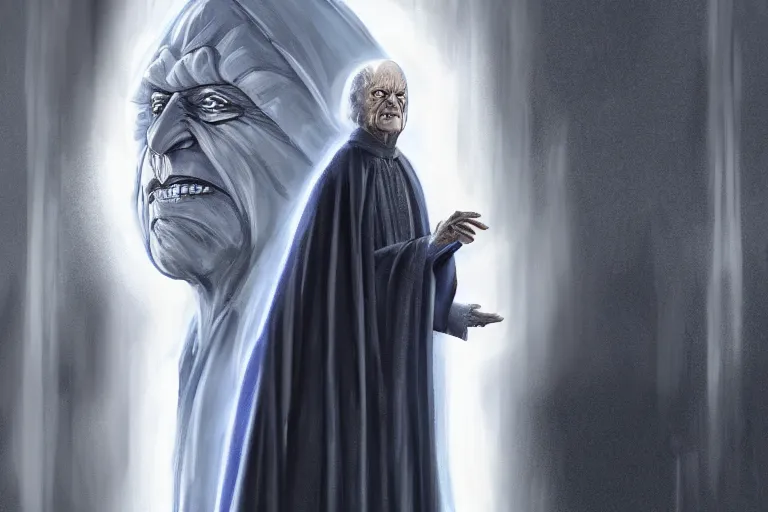 Image similar to emperor palpatine in robes, high detail, digital painting, clear focus, concept art,