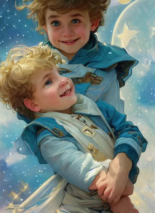 Image similar to a cute little boy with a mischievous face, blue eyes, and tousled blonde hair smiles as he floats in space with stars all around him. he is wearing a turquoise outfit. beautiful painting by artgerm and greg rutkowski and alphonse mucha