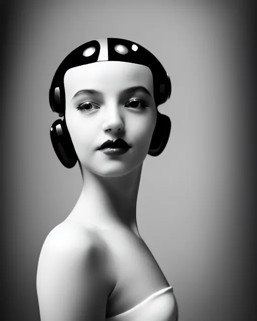 Prompt: black and white dreamy young beautiful female artificial intelligence, cinematic, rim light, bokeh, photo - realistic, elegant, high detail, 8 k, masterpiece, photo taken in 1 9 3 0, inspired by cecil beaton