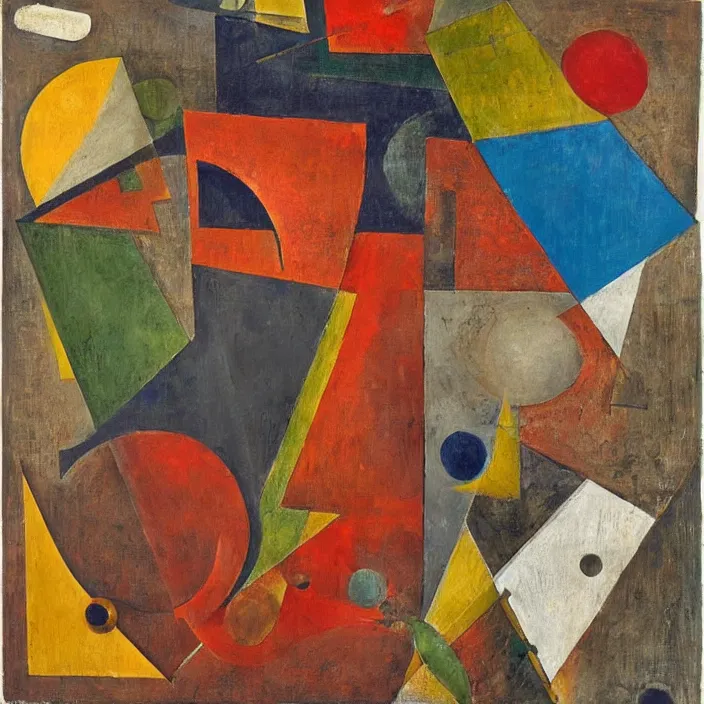 Prompt: an abstract artwork by max ernst, leonora carrington and kurt schwitters, mix of geometric and organic shapes, both bright and earth colors