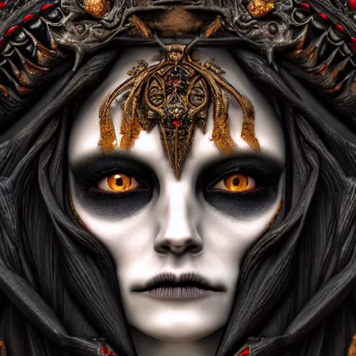 Image similar to cinestill - 5 0 d - candid photographic close - up - portrait, goddess of death, by anne stokes, photorealism, uhd - resolution, rendered in blender, cgi, hyperdetailed