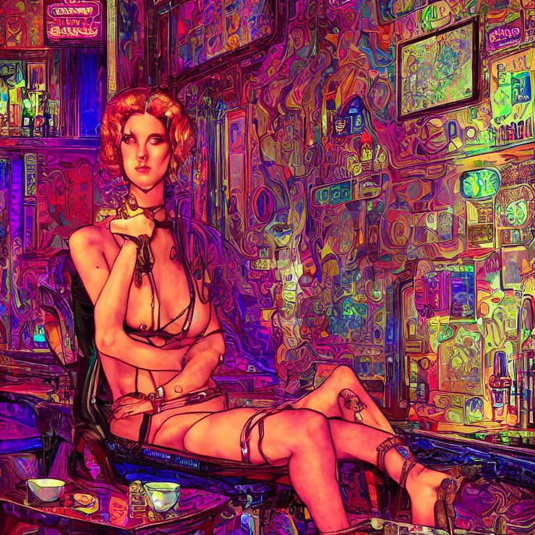 Image similar to beautiful psychedelic digital art of a beautiful cyberpunk lady in a cozy bar by Mad Dog Jones, Norman Rockwell and Ben Erdt