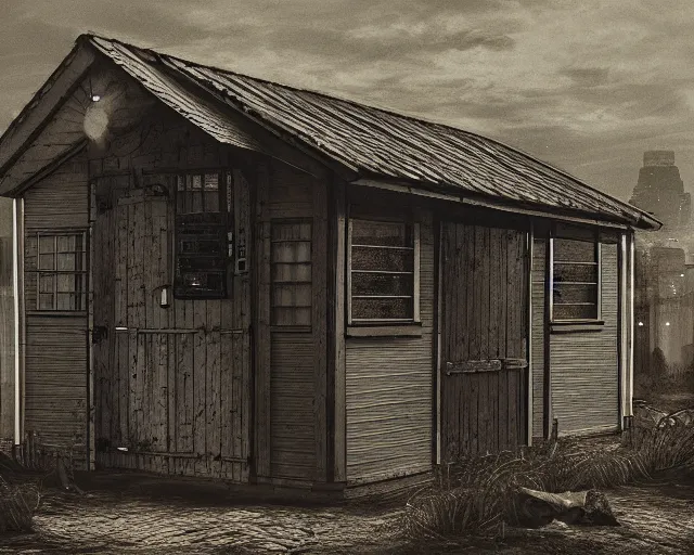 Image similar to IKEA catalogue photo of a cyberpunk shed, by Gustav Dore