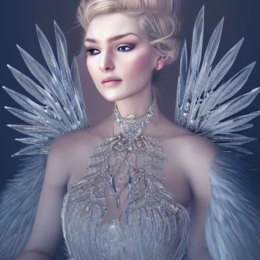 Prompt: A mesmerizing ethereal wedding portrait of beautiful blonde woman wearing crystal chandelier inspired wings, couture, hyperdetailed, artstation, cgsociety, 8k