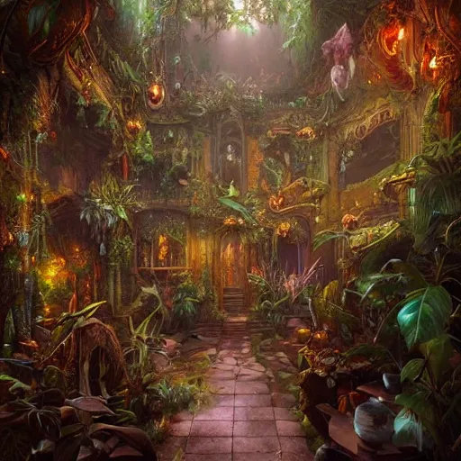 Image similar to hyperreal ultra detailed intricate victorian jungle room by peter mohrbacher and dan mumford, cgsociety, volumetric light