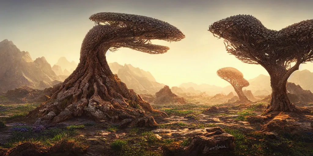 Prompt: Lively landscape of a socotra island filled with socotra dragon trees realistic detailed digital art by Maxwell Boas Jessica Rossier Christian Dimi
