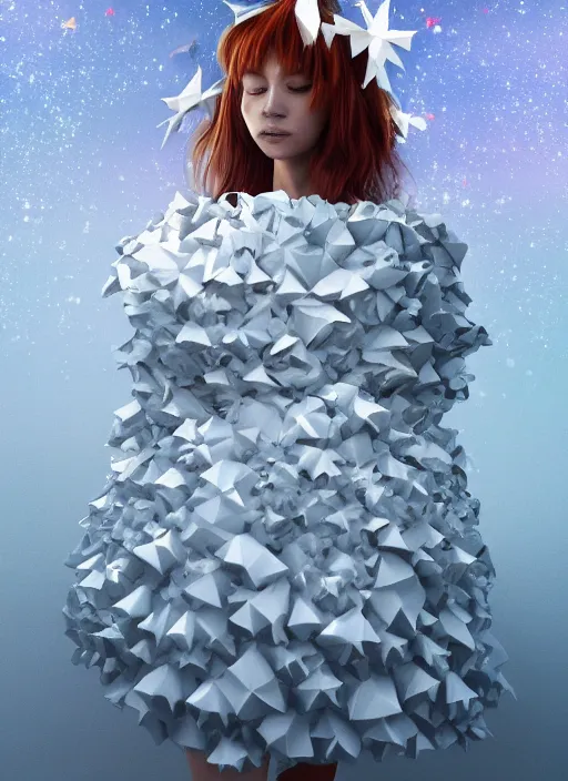 Image similar to background edge of space with puffy clouds are dusk, anthropomorphic paper woman wrapped in a flowing couture tissue paper, paper chrysanthemums, many origami stars, eery light, 3 d, very detailed, octane render, trending artstation, trending cgisociety, artgem