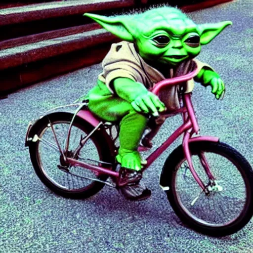 Image similar to baby yoda riding a bike