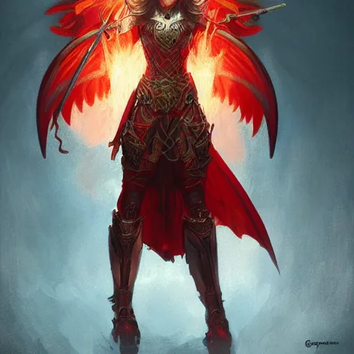 Image similar to female paladin angel in glowing red, spear made of fire, D&D, fantasy, intricate, elegant, highly detailed, digital painting, artstation, concept art, matte, sharp focus, illustration, art by Greg Rutkowski and Alphonse Mucha