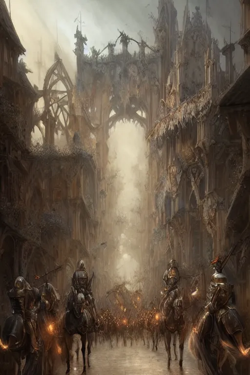 Image similar to medieval parade of knights, holiday, by wlop, by luis royo, by peter mohrbacher, concept art, digital illustration, intricate, masterpiece, elegant, super detailed, unreal engine rendering, smooth, sharp focus, artstation hq