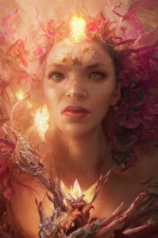 Image similar to half body closeup of beautiful girl necromancer, witch - doctor exploding into flowers, angels, 3 d render, hyper - realistic detailed portrait, holding fire and electricity, ruan jia, wlop. scifi, fantasy, magic the gathering, hyper detailed, octane render, concept art, peter mohrbacher